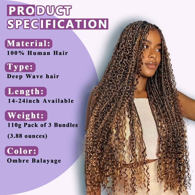 Detalle de Afihond Deep Wave Human Braiding Hair (Boho Braids) – Brazilian Virgin Remy, 3 Bundles/110g, 18inch, 4P27 Ombre/ Balayage