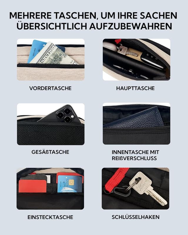 Detalle de WATERFLY Bauchtasche / Hüfttasche klein für Herren & Damen – Sport-Bum-Bag in Beige mit Verlängerungsgurt