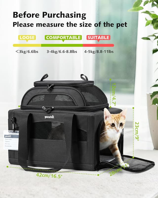 Detalle de Pecute Airline Approved Top Expandable Cat Carrier (Dark Grey) with Breathable Mesh Windows