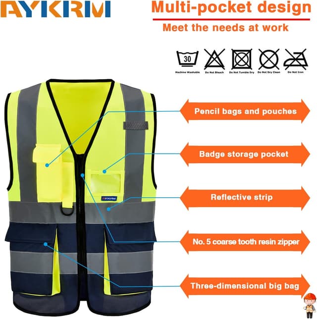Detalle 2 de AYKRM high-visibility executive vest with zip front, 360° reflective strips and phone & ID pockets
