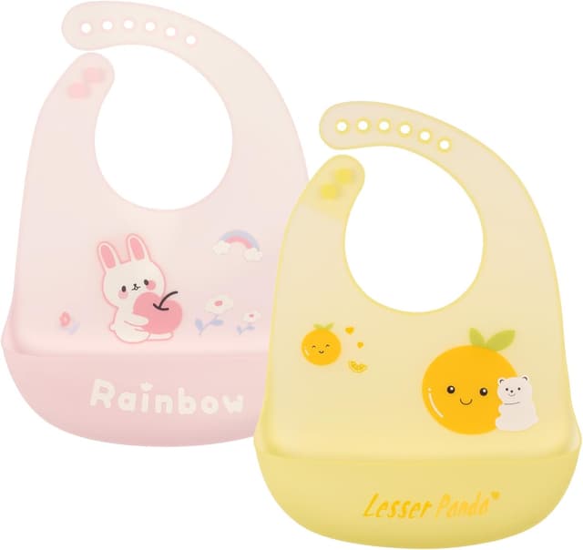 Detalle de Vicloon Bavaglino in silicone con vaschetta raccogli-briciole e 6 bottoni regolabili (2 bavaglini, Orso e Coniglio)