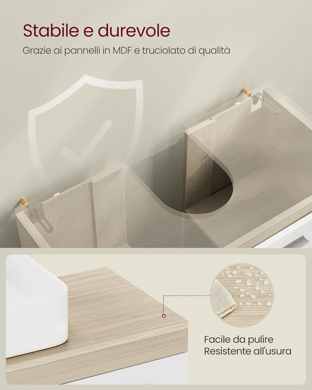 Detalle 2 de VASAGLE BBK506L01 Mobile sottolavabo con 2 ante e ripiano regolabile, beige naturale e bianco nuvola