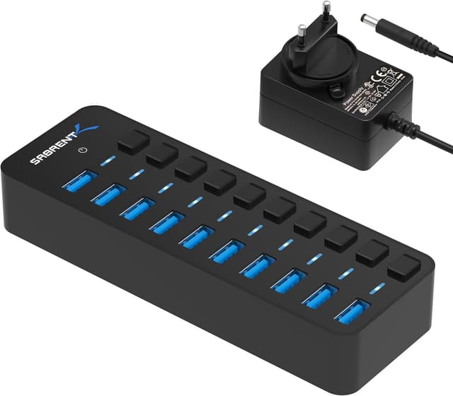 Detalle de Sabrent HB-BU10 aktiver USB 3.0 Hub mit Netzteil, 10 Ports und Ein-/Ausschaltern