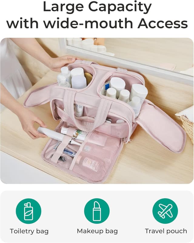 Detalle 2 de BAGSMART Large Toiletry Bag Travel Makeup Bag (Pink) with 2 upright compartments