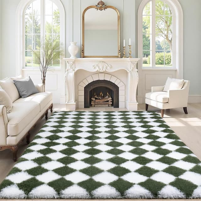 Detalle de FVVRAX Checkered Shaggy Rug 200x300cm in Olive Green & White