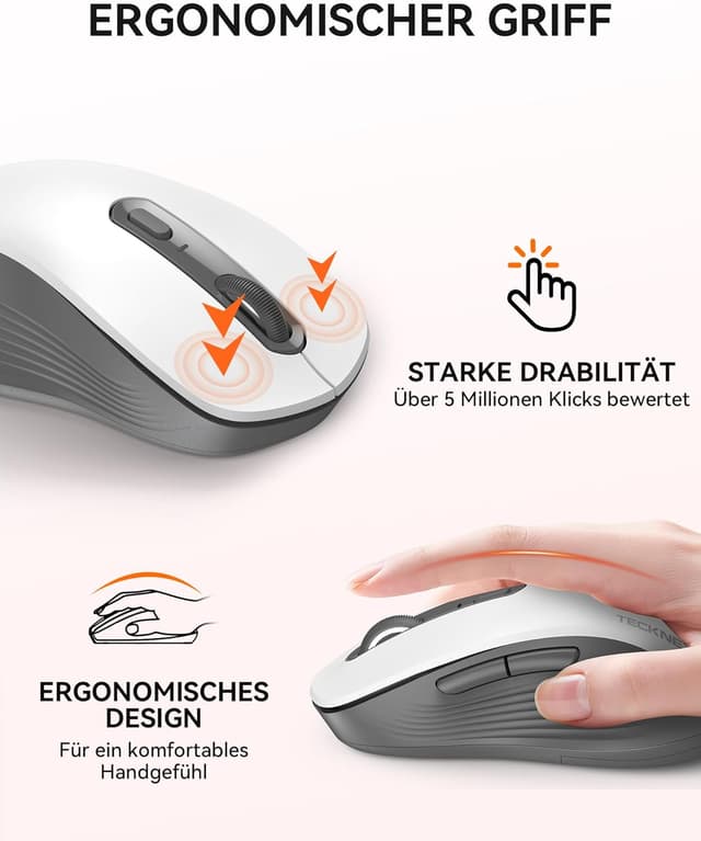 Detalle de TECKNET Bluetooth Maus Tri-Modus (BT 5.0/3.0 + 2,4 GHz) 4800 DPI, 6 Tasten, leise Klicks – Kabellos für PC/Laptop/Mac/Tablet
