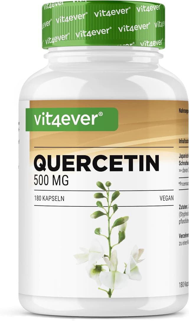 Detalle de vit4ever Quercetin 500 mg – 180 Kapseln (6-Monatsvorrat) mit 15:1 Schnurbaum-Blütenextrakt, vegan