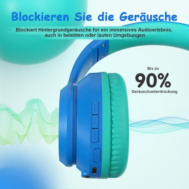 Detalle de Tonoshark Kinder Bluetooth Over-Ear Kopfhörer mit Noise Cancelling – 60h Spielzeit, Mikrofon & Tragetasche (Dunkelblau)