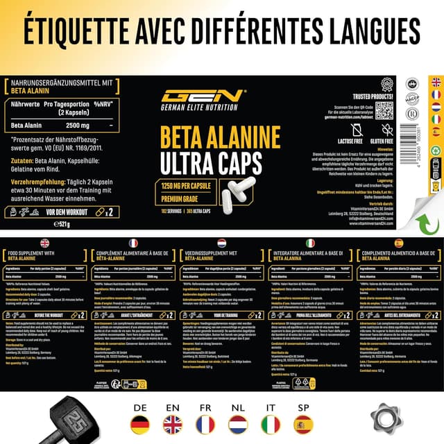 Detalle 2 de GEN German Elite Nutrition Bêta Alanine Ultra Caps — 365 capsules dosées à 1250 mg