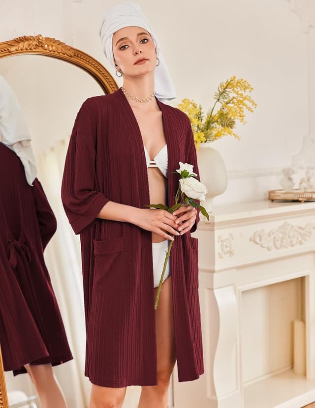 Detalle de Ekouaer peignoir femme en maille côtelée torsadée, robe d’intérieur à manches 3/4 (longueur genou) S-XXL