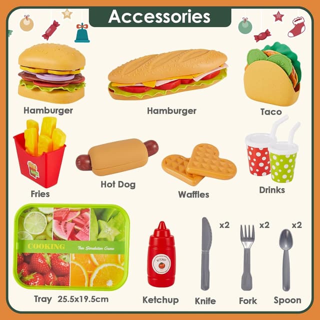 Detalle de BUYGER Pretend Play Toy Food Sets for Kids (Take Apart Hamburger, Fast Food Accessories) with Tray