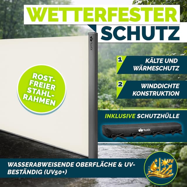 Detalle de tillvex® Seitenmarkise 160 x 350 cm ausziehbar mit Blickschutz & Regencover