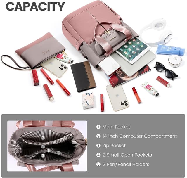 Detalle 2 de LOVEVOOK Damen Klein-Rucksack im City-Format mit 3 Fächern, wasserdicht – grau-rosa