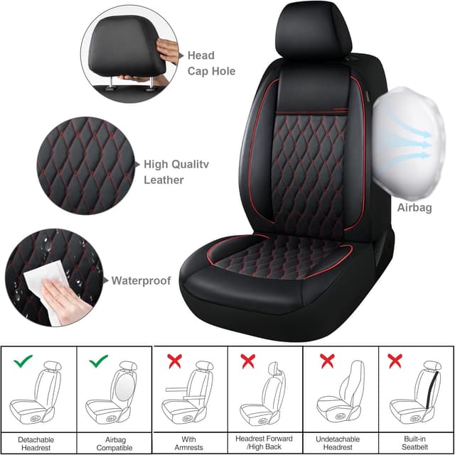 Detalle de CAROMOP Faux Leather Car Seat Covers Full Set (Split Bench Compatible, Airbag Compatible) — 5-Seat Black/Red