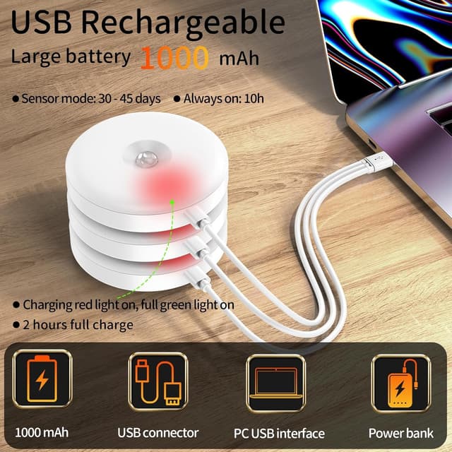 Detalle de daphomeu 6x Motion Sensor Lights Indoor (USB Rechargeable) for Under-Cabinet, Stairs & Wardrobes