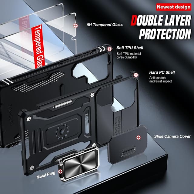 Detalle de LeYi for Samsung Galaxy S25 Ultra phone case with sliding camera lens cover and rotatable ring stand (Black)