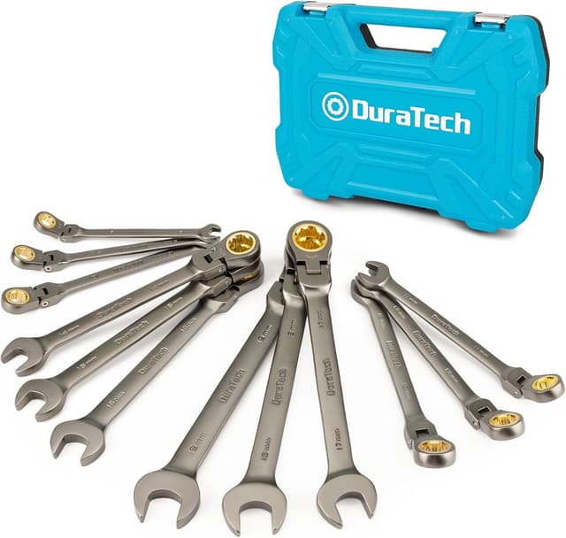 Detalle de DURATECH set di 12 chiavi combinate a cricchetto con testa flessibile CR-V, 8–19 mm, 72 denti in valigetta