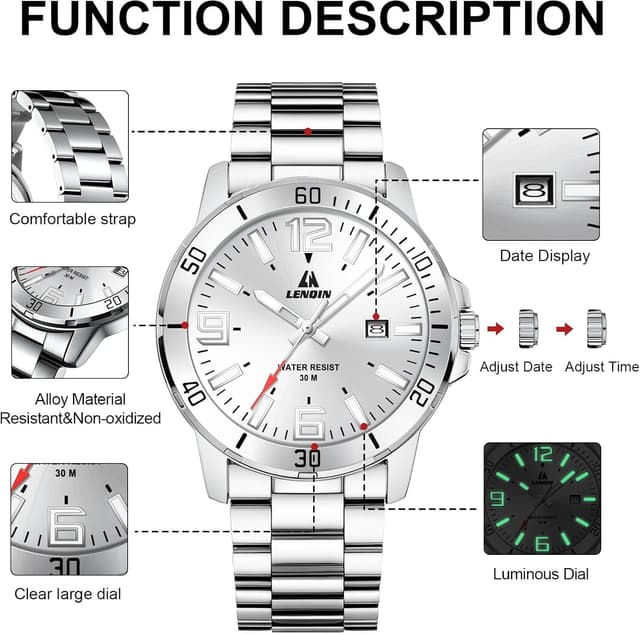 Detalle 2 de LN LENQIN Herrenarmbanduhr aus Edelstahl mit Quarz, Analog-Anzeige, Datum und 3-ATM-Schutz