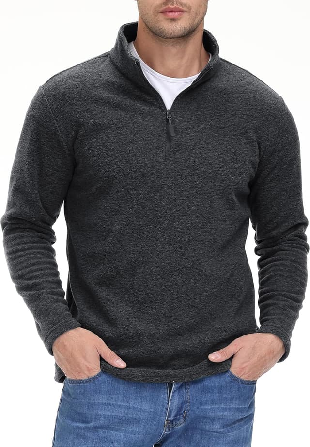 Detalle de KEFITEVD men’s fleece quarter-zip pullover with stand collar