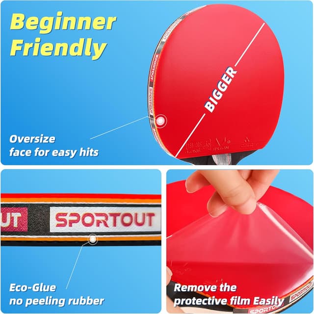 Detalle de Tischtennisschläger Set (4 Schläger) mit 3-Sterne-Bällen und Tasche – Hochleistungs-Tischtennis-Set