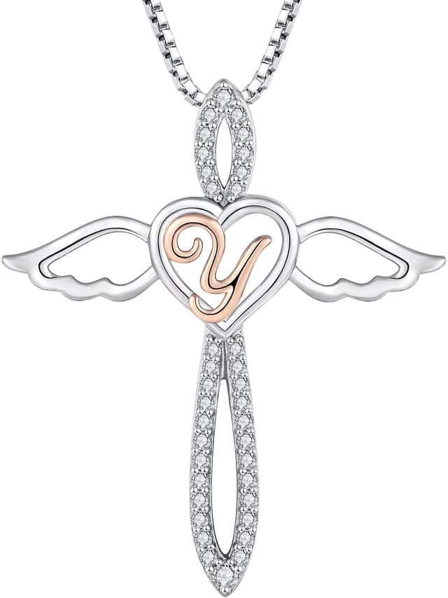 Detalle de FJ Buchstabe-Kettenanhänger Kette Damen aus 925 Sterling Silber mit Zirkonia – Schutzengel Initiale Alphabet