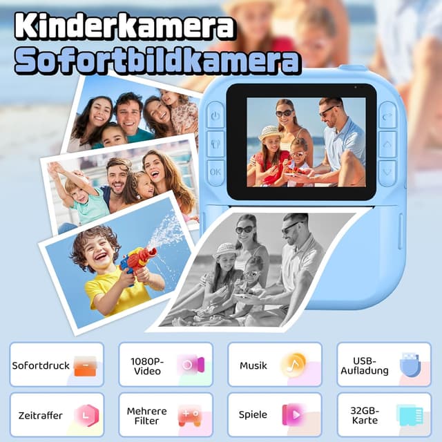 Detalle 2 de Sofortbildkamera Kinder 1080P mit 32-GB-Karte, 2,4-Zoll-Display & Druckpapier – Geburtstags- und Weihnachtsgeschenk für 3–12 Jahre