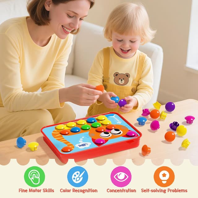 Detalle 2 de AMOSTING Steckspiel ab 2 Jahren – Kinderspiel zum Farbenlernen mit 20 Bildvorlagen