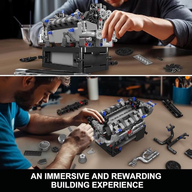Detalle de Mould King 10205 Technik V12 – moteur en blocs de construction (733 pièces) avec boîtier batterie 9V