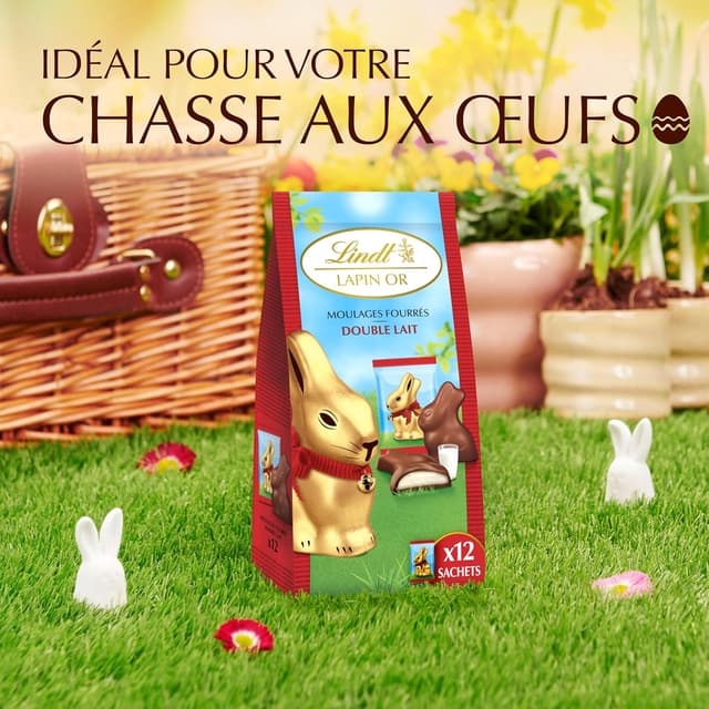 Detalle de Lindt Sachet de moulages LAPIN OR – Chocolat au lait et cœur double lait, idéal Pâques (130 g)