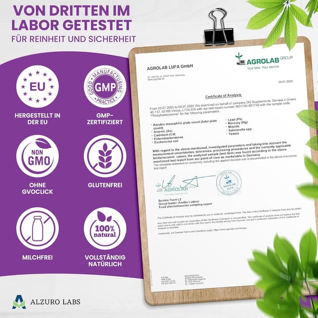 Detalle de ALZURO LABS Phosphatidylserin 200 mg – 180 vegane Kapseln für Gehirn, Gedächtnis & Konzentration