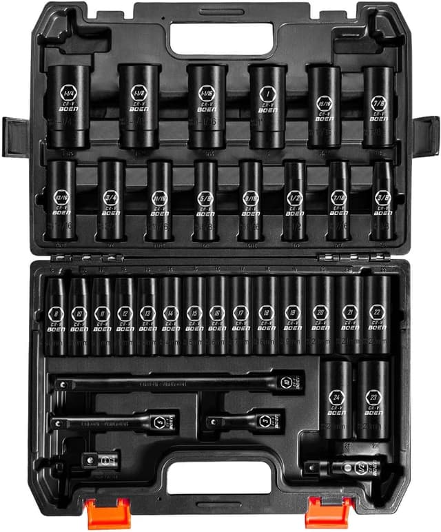 Detalle de BOEN 35-Piece 1/2" Drive Deep Impact Socket Set (SAE 3/8"–1-1/4" & Metric 8–24mm)