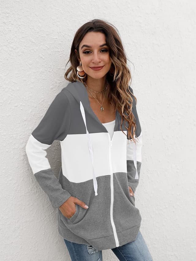 Detalle de iChunhua Ladies Zip Up Long Sleeve Hoodies with Pockets – lightweight triple colour block zip hoodie