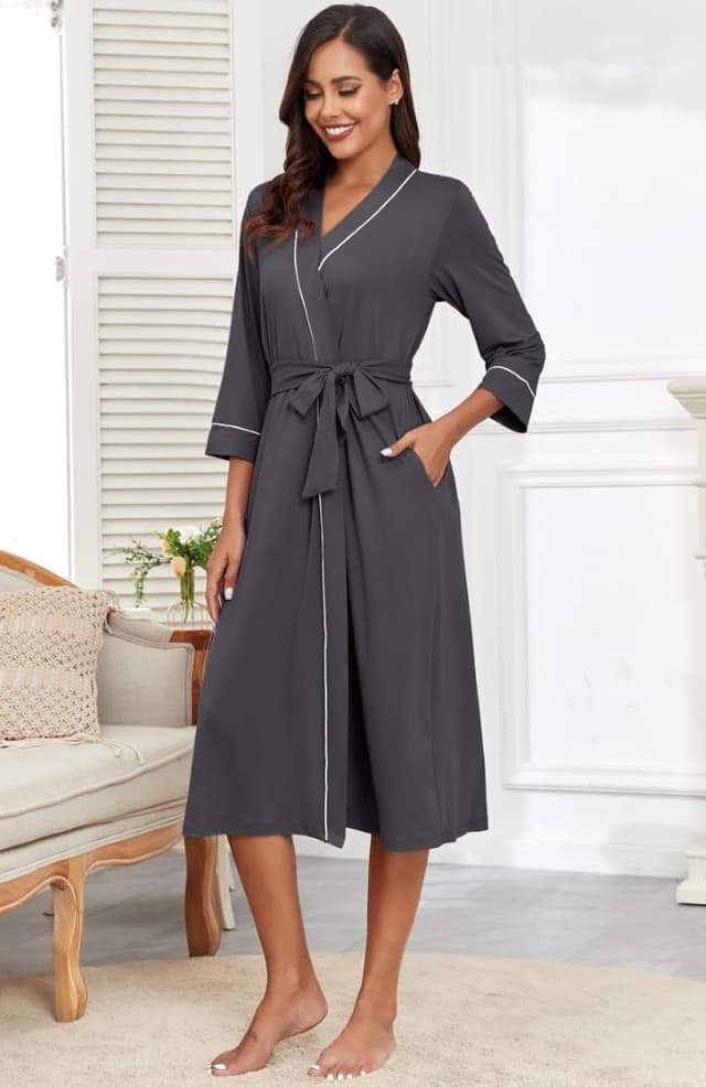 Detalle 2 de PrinStory Damen-Bademantel Kimono mit 3/4-Ärmeln, 95% Viskose/5% Elasthan