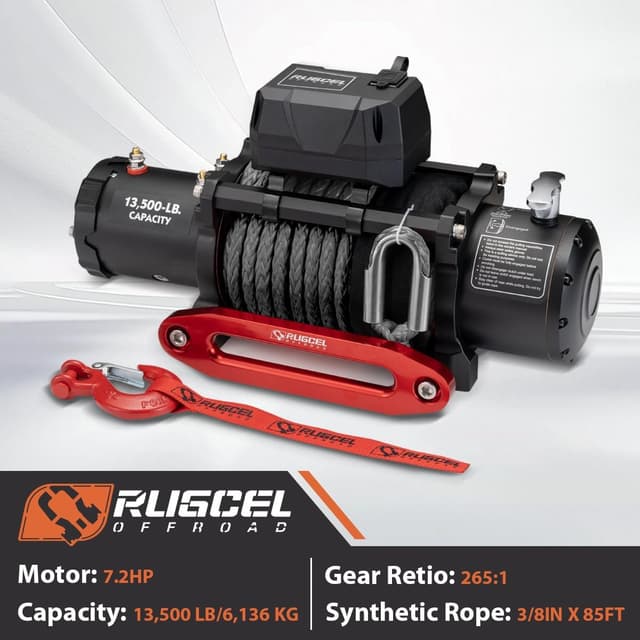 Detalle de RUGCEL WINCH 13500lb Waterproof Electric Truck Winch (12V, Synthetic Rope) with Wired & Wireless Remote