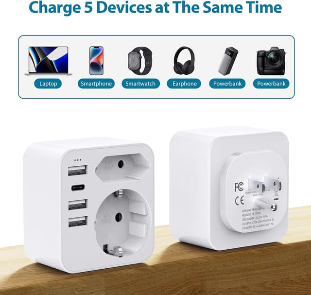 Detalle 2 de USA Reiseadapter mit 3 USB + USB-C (bis 3,4 A) für Deutschland/Europa-Stecker