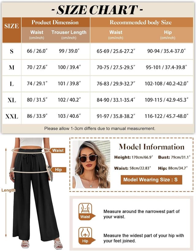 Detalle 2 de Pantalon femme CMTOP fluide à jambes larges, taille haute élastique avec cordon de serrage et poches