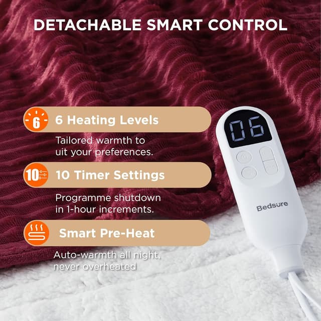 Detalle de Bedsure Heated Blanket Electric Throw (Ribbed Flannel) – 6 heat settings, 10 timer options, 130x160cm