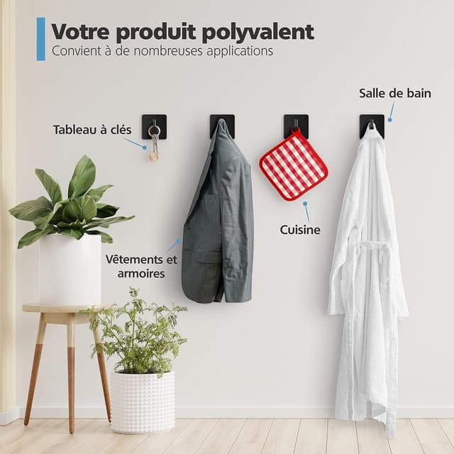 Detalle de Virea lot de 4 crochets muraux auto-adhésifs sans perçage (jusqu’à 8 kg) en acier inoxydable noir