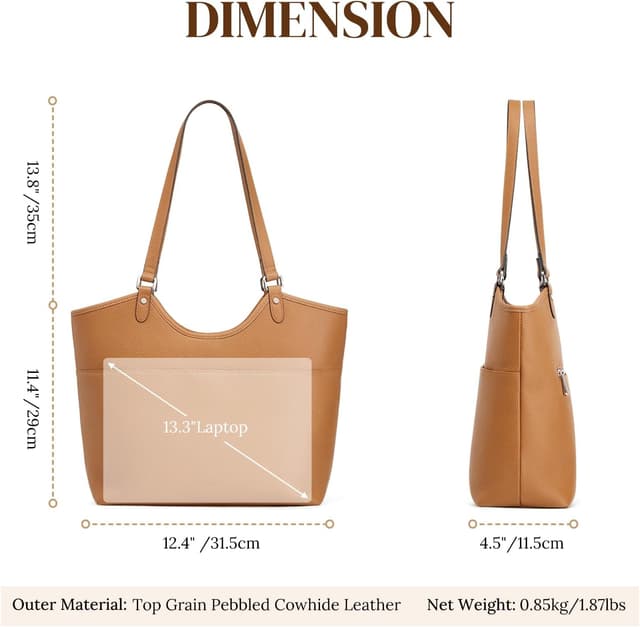 Detalle de S-ZONE genuine leather tote bag for women with zipper – work, travel & shoulder carry