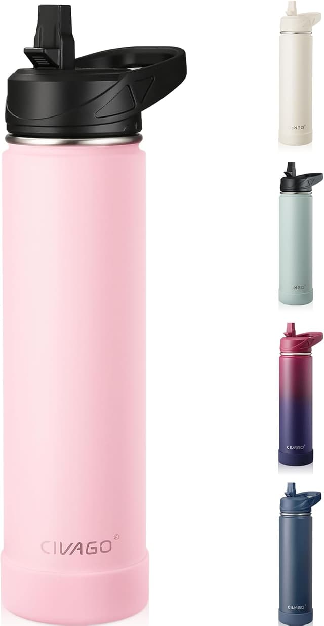 Detalle de CIVAGO 750ml Insulated Stainless Steel Water Bottle with Straw (Pink)