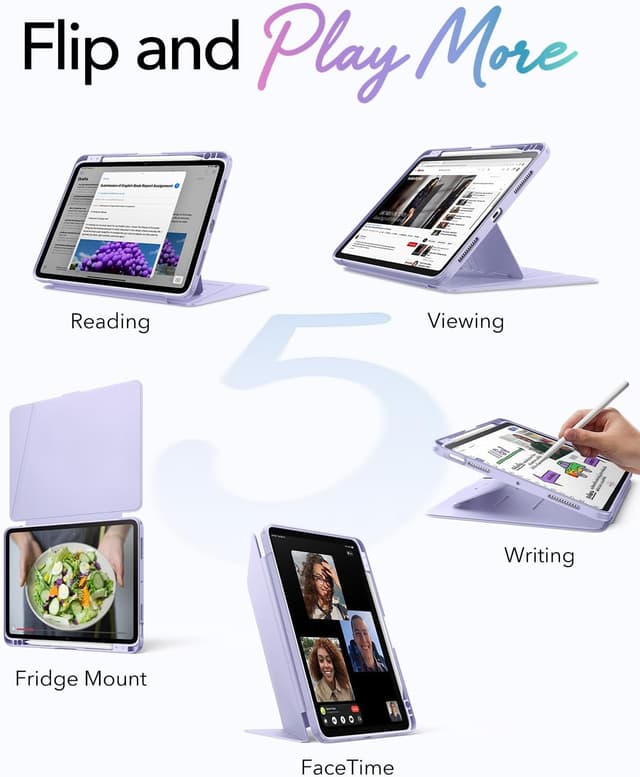 Detalle de ESR Coque iPad Air 11" (M4/M3/M2) & 10,9" (5e/4e) avec support vertical et porte-stylet – Série Flip, violette