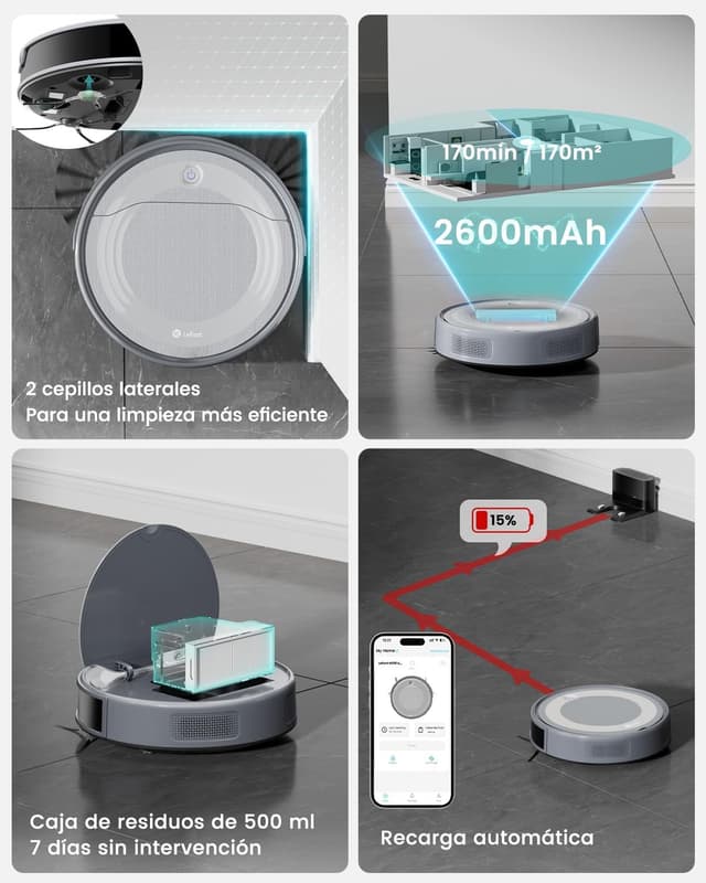 Detalle de Lefant M310 Ultra Robot Aspirador y Fregasuelos 3 en 1 con succión de 6000Pa, mapeo láser ToF y WiFi/App