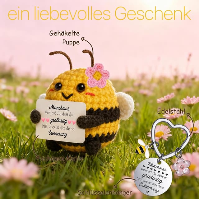 Detalle 2 de Farbeele Mutmacher-Geschenk für Frauen: handgemachte Biene mit Glücksbringer-Schlüsselanhänger