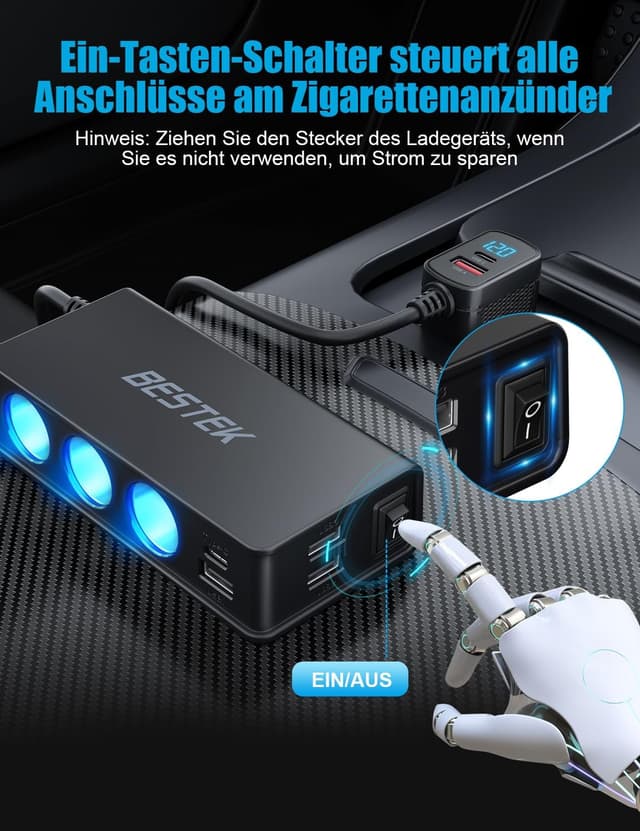 Thumbnail 3 de BESTEK Caricatore Auto 180W 9in1 USB-C PD QC3.0