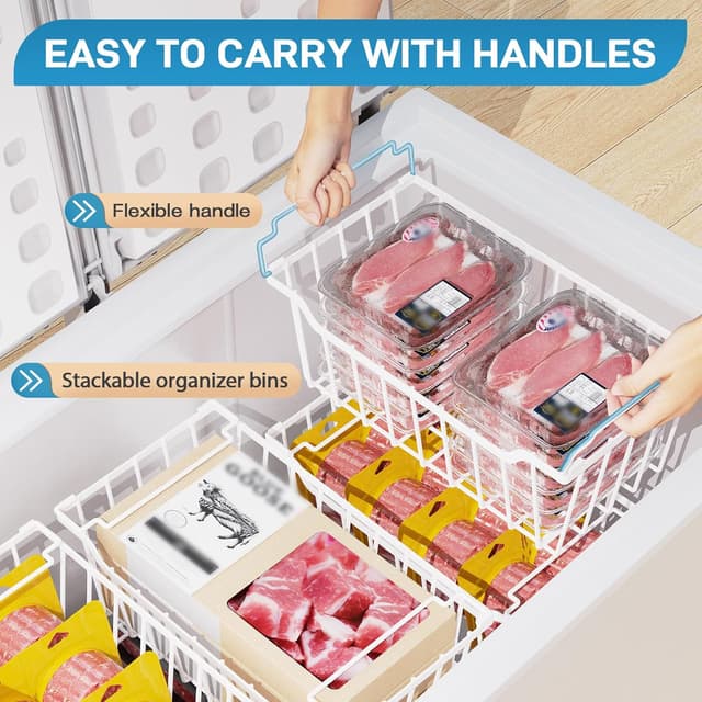 Detalle de SUNALLY Freezer Organizer Bins (4-Pack) — Stackable chest freezer storage baskets with handles, white