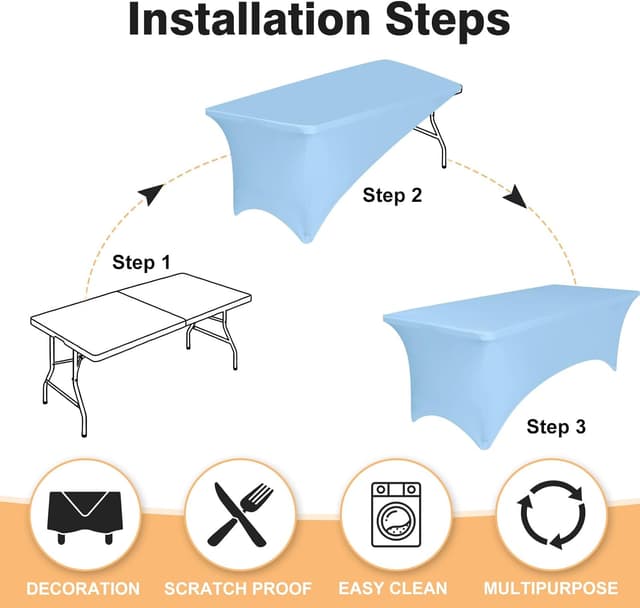 Detalle de 2 Pack 6-Foot Light Blue Spandex Tablecloth (Rectangular Tables) — Fitted Stretch, Wrinkle-Resistant, Washable
