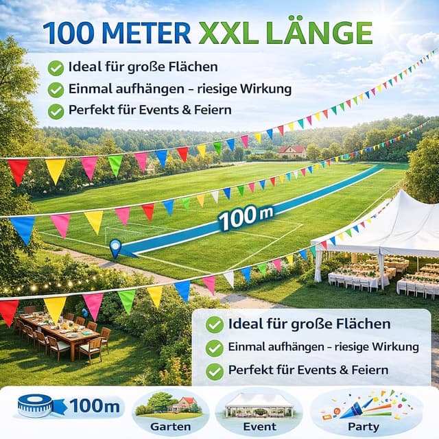 Detalle de XXL 100 Meter Wimpelkette bunt – Girlande für Garten & Party (Innen & Außen)