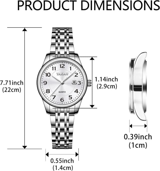Detalle 2 de Taxau Damen-Armbanduhr mit Datum: klassisches, kleines Zifferblatt im Edelstahlband (Quarz)