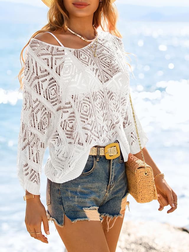 Detalle de Saodimallsu Women’s Crochet Cover Up Top (Mesh, Off-Shoulder, 3/4 Sleeve)