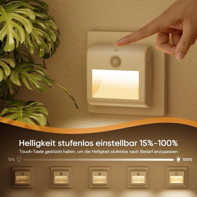 Detalle de Suright 2er-Set Nachtlicht-Steckdose mit Bewegungsmelder, warmweißes LED-Licht (3000K), 3 Modi & stufenlose Dimmung